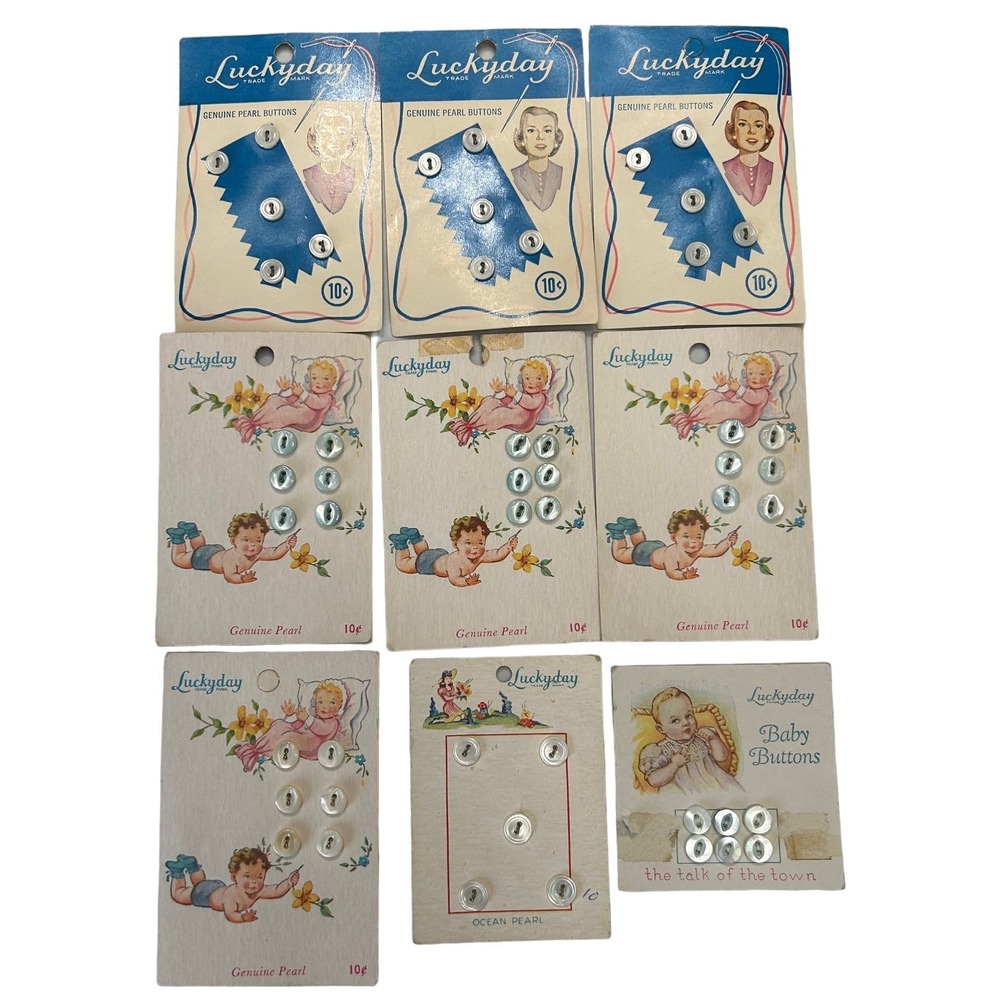 Vintage Lucky Lady Genuine Pearl Baby or Doll Clothing Buttons 9 Full‎ Cards